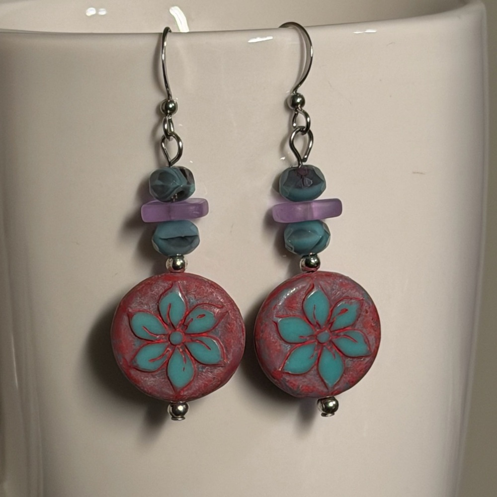 Handcrafted Floral Pink and Turquoise Czech Glass Earrings - Picture 10 of 16